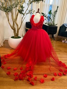 Red Floral Tulle Ball Dress with Petal Train